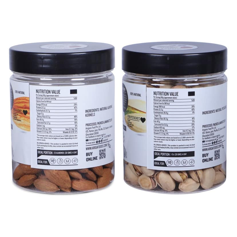 Ariga Foods California Almonds and Roasted Salted Pistachios | Premium Dry Fruits Combo (2 x 200 g) view 2