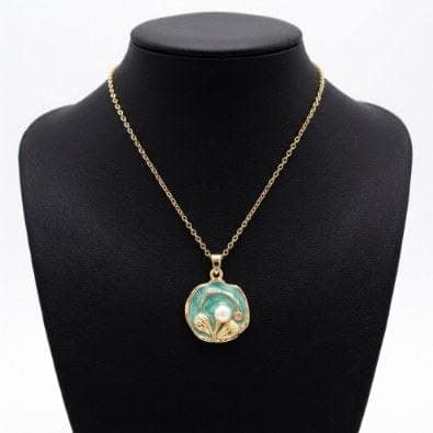 Teal Enamel Pearl Flower Pendant Necklace | Gold-Tone Anti-Tarnish Imitation Jewellery