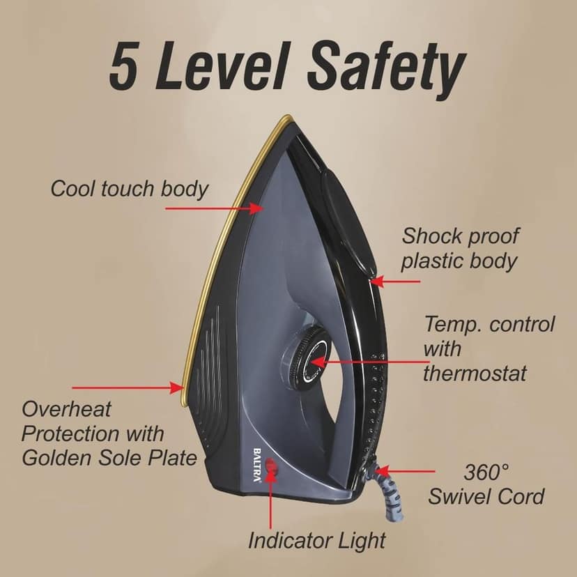 Baltra Dry Iron 1000W BTI-172 Sleek Iron Press, Greblon Non Sick Golden Soleplate with German Technology | Shock Proof Body | 5 Modes, Wrinkle Free Clothes in One Shot 360� Swivel Cord | 2Yrs Warranty view 2
