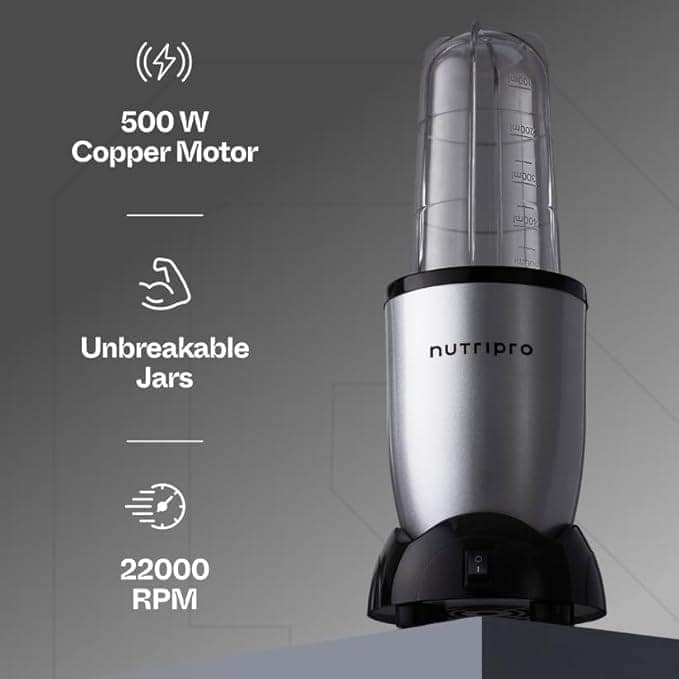 NutriPro Juicer Mixer Grinder - Smoothie Maker - 500 Watts (2 Jars & 1 Blade, Silver) - 2 Year Warranty view 2