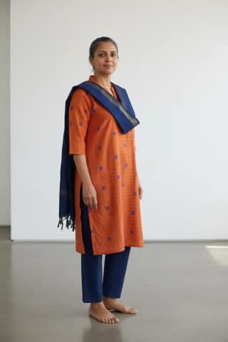 Mangalagiri Cotton 3-Piece Kurta Set in Terracotta with Navy Dupatta