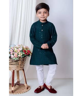 New Collection Boys Cotton Blend Sequined - Pattern Kurta Pant Set ( Dark Blue , Pack of 1 )