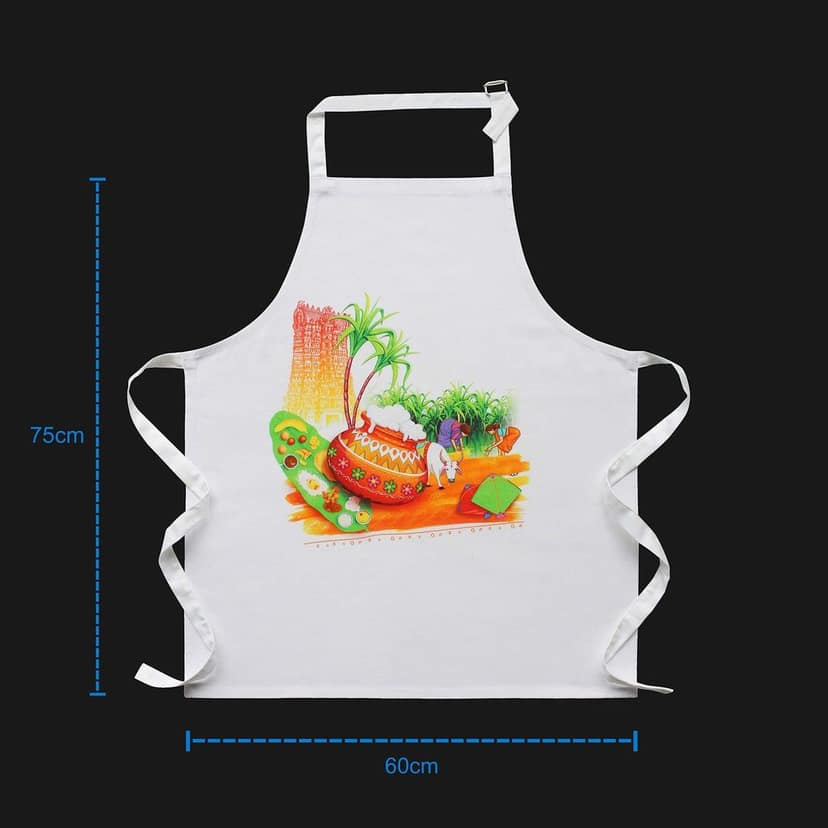 AIRWILL, 100% Cotton Pongal Design Printed Aprons, Sized 65cm in Width & 80cm in Length with 1 Center Pocket, Adjustable Buckle on Top and 2 Long Ties On Both 2 Sides. Pack of 1 piece view 2