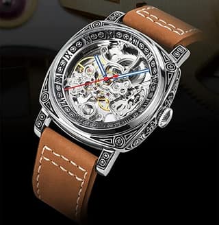 Forsining Genuine Leather Série Mystère d'Art Vintage Engraved Rotatable Bezeled Self Winding Automatic Tourbillon Blue Moon Mechanical Analog Watch - For Men