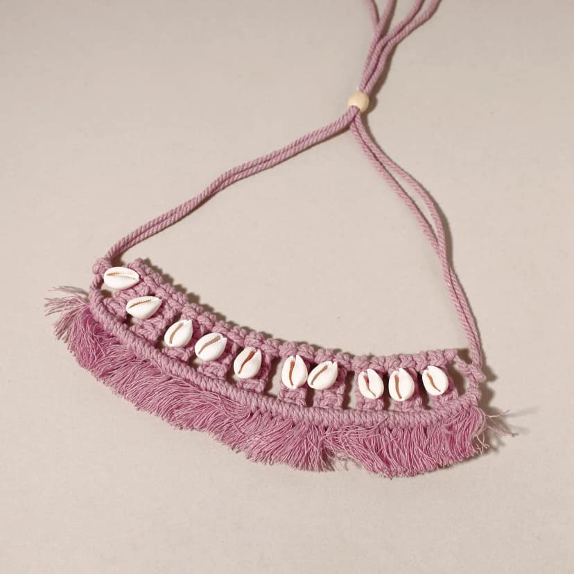 Pink Thread & Seashell Work Handmade Macrame Choker Necklace view 2