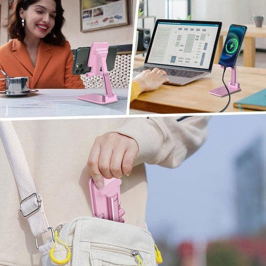 DESKTOP CELL PHONE STAND PHONE HOLDER WITH MIRROR FULL 3-WAY ADJUSTABLE PHONE STAND FOR DESK HEIGHT + ANGLES PERFECT AS DESK ORGANIZERS AND ACCESSORIES view 2