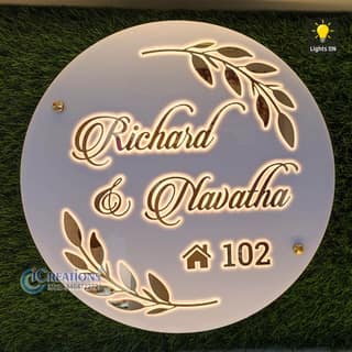 iCreations Personalized Round Shaped Acrylic Name Plate with LED Lights For Home Entrance (12 inch diameter)