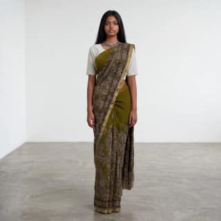 Pedana Kalamkari Mulmul Cotton Saree in Mehendi Green with Blouse