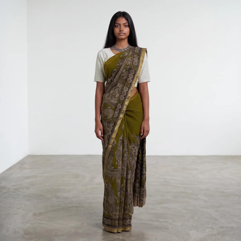 Pedana Kalamkari Mulmul Cotton Saree in Mehendi Green with Blouse