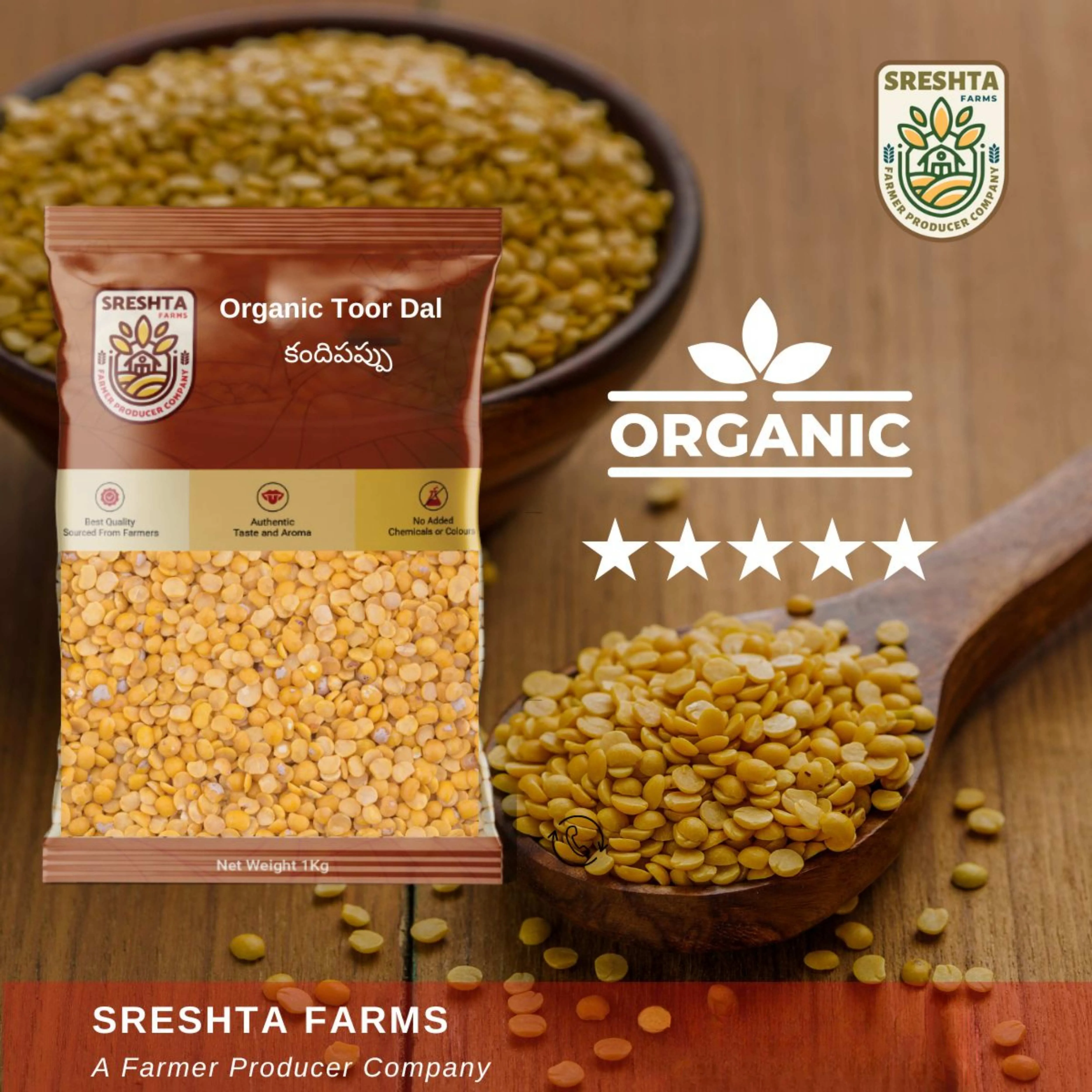 Sreshta Farms Organic Toor Dal (Kandi Pappu) Unpolished