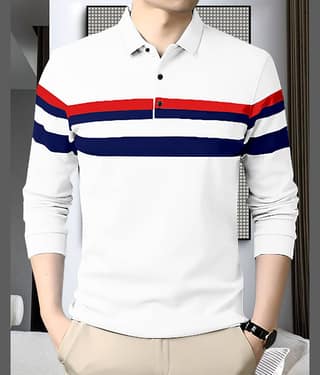 AOOSH Pack of 1 Cotton Blend Regular Fit Striped Full Sleeves Men's Polo T Shirt ( Black )