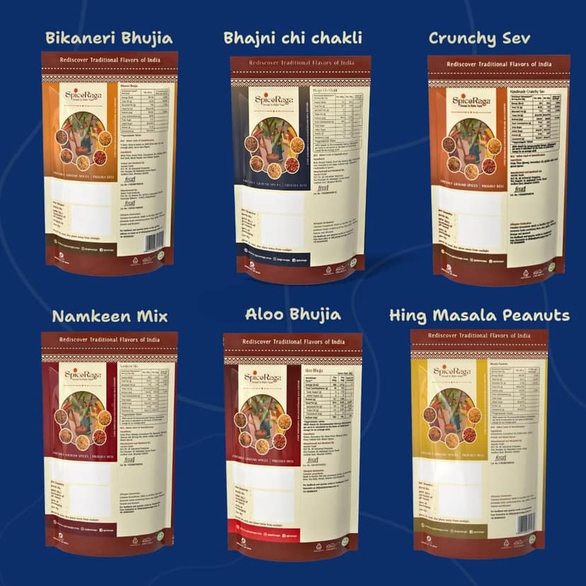SpiceRaga | Bikaneri Bhujia, Mix Namkeen, Hing Masala Peanuts, Aloo Bhujia, Crunchy Sev and Bhajni Chi Chakali (Pack of 6) | Made With Pure Groundnut Oil | No Palm Oil | No Trans Fat | Indian Snacks Combo | Total 920g | view 2