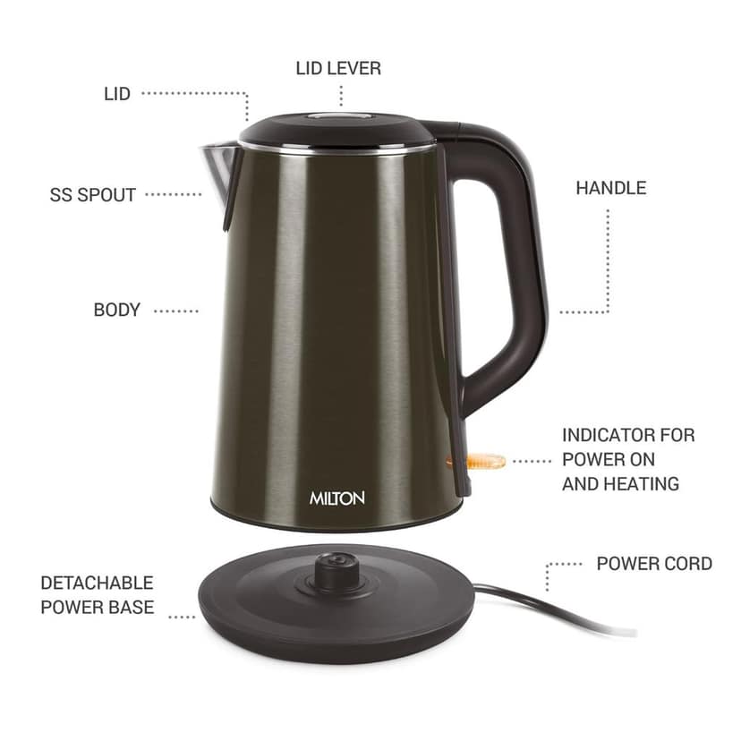 Milton Euroline Hagen Electric Kettle,1.8 Litre, Stainless Steel, Double Walled, Cool Touch Outer Body with Auto Shut Off, Power Indicator, Dry Boil & Excess Steam, 1500 Watts, Black view 2