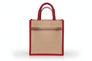 Stylish Red & Beige Jute Tote Bag with Striped Accents