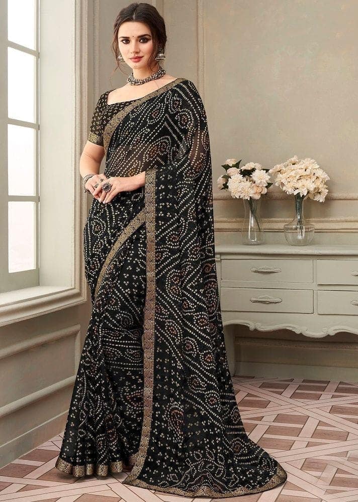 Bandhej Printed Chiffon Saree in Black