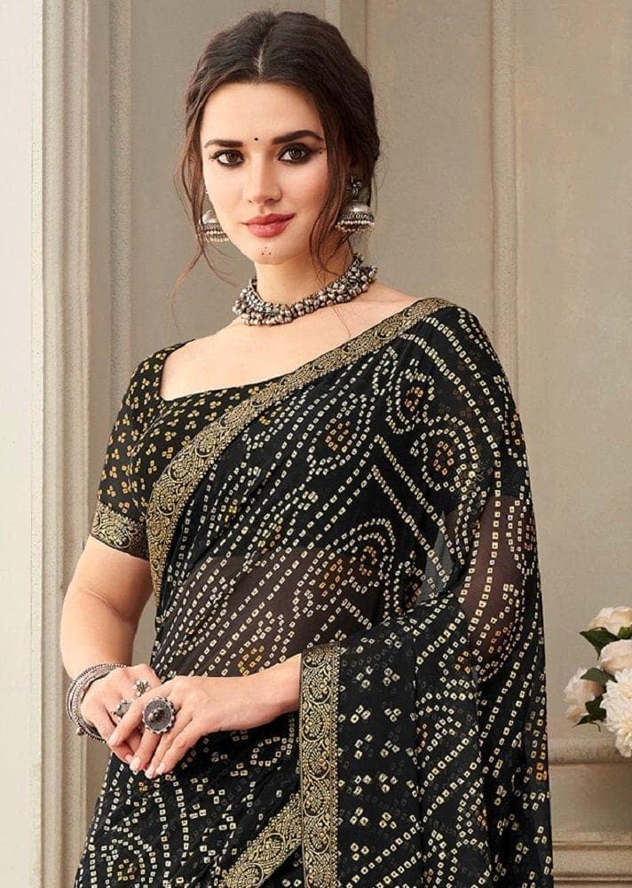 Bandhej Printed Chiffon Saree in Black view 2