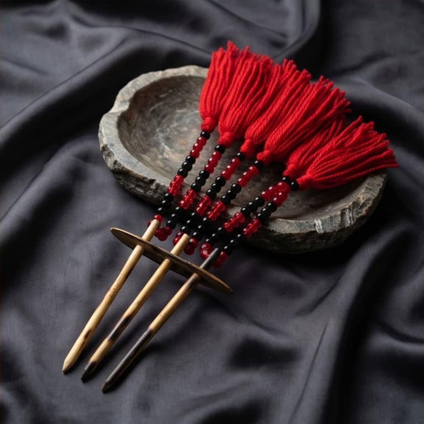 Traditional Handcrafted Bamboo Hair Fork with Red & Black Beaded Tassels