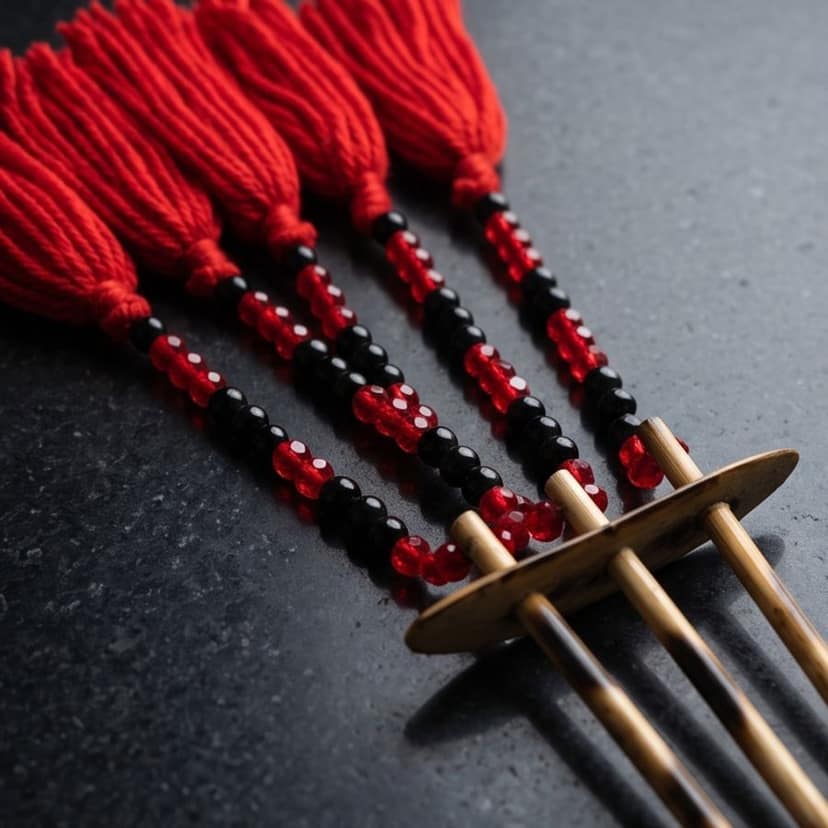 Traditional Handcrafted Bamboo Hair Fork with Red & Black Beaded Tassels view 2