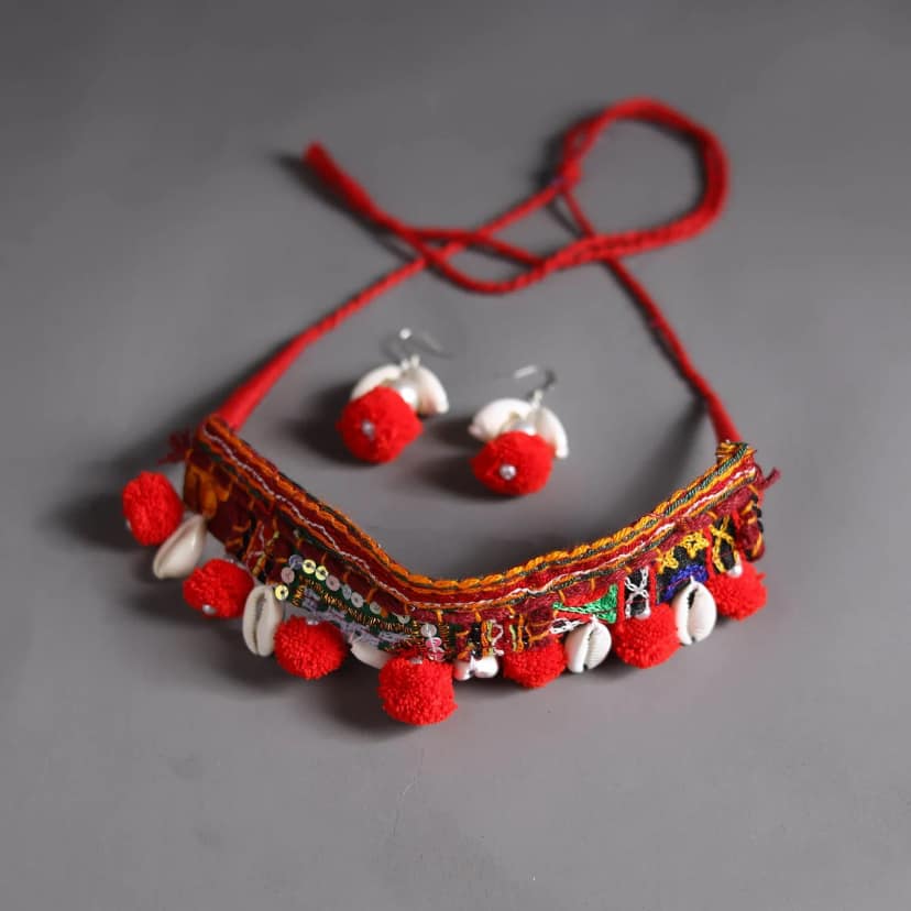 Red - Handcrafted Kutch Embroidered Choker Necklace Set 27 view 2