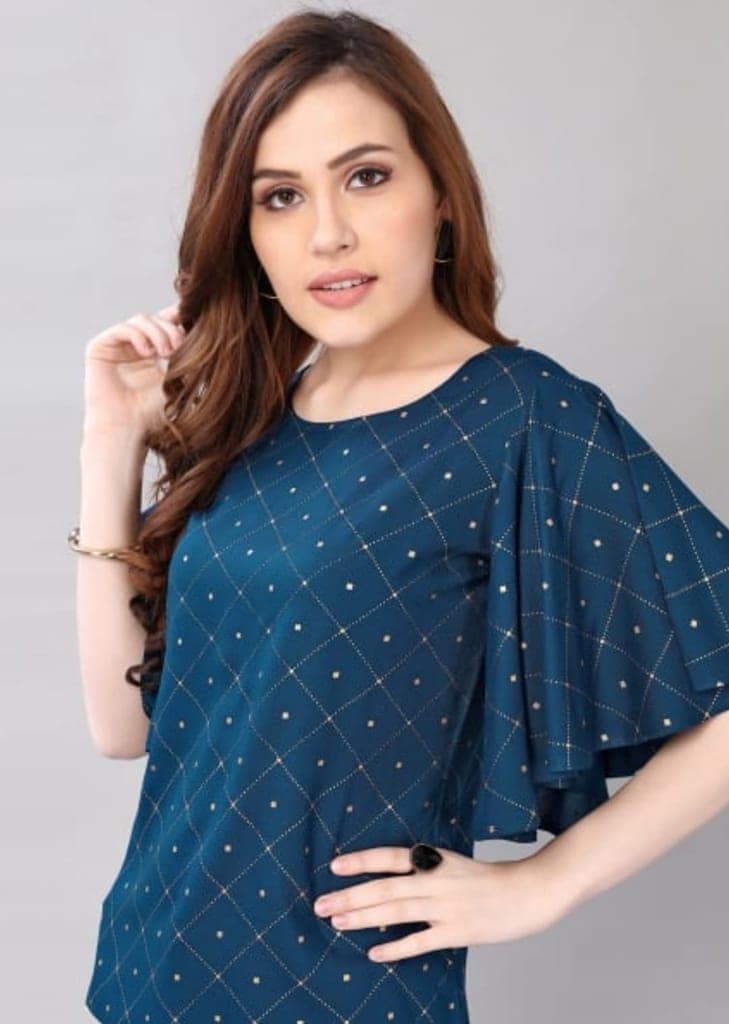 ATTIRIS Women's Rayon Printed Round Neck Flared Sleeve Top, Blue view 2