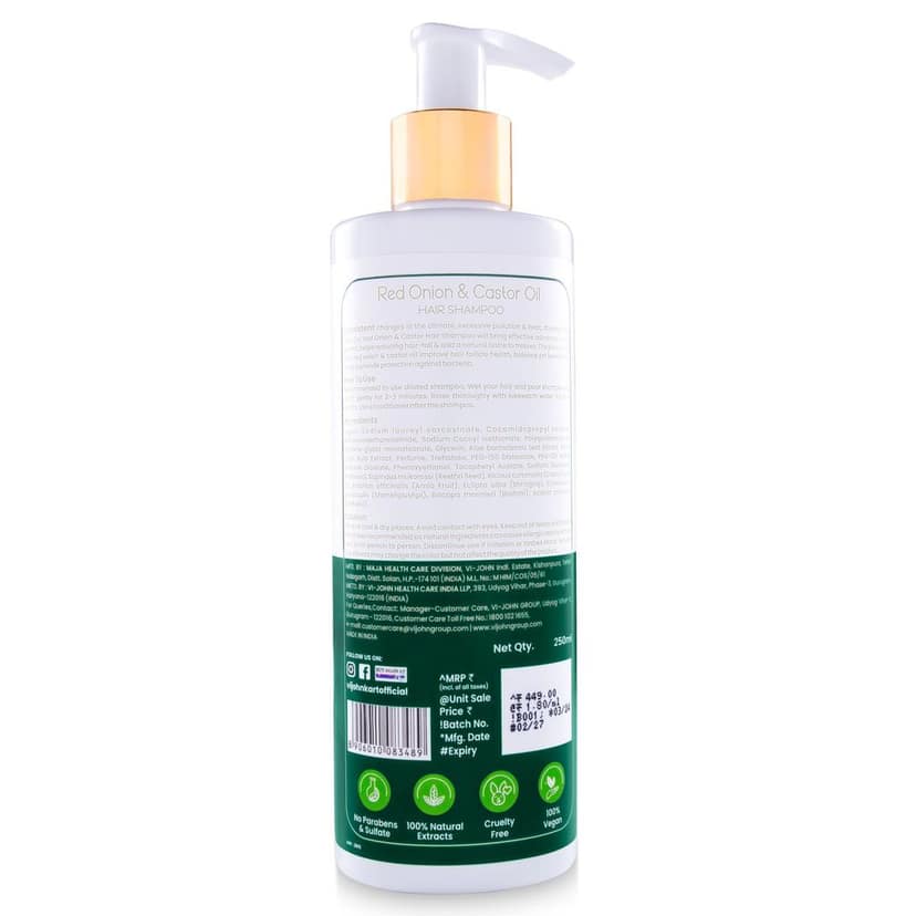 VI-JOHN PRAKRITIK Red Onion & Castor Oil Shampoo Helps with Hair Fall & Re-Growth 100% Bio Actives (250 ml) view 2