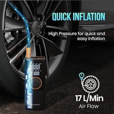 Portronics Vayu 4.0 Tyre Inflator with 2-in-1 Rechargeable & Corded Power, Preset Inflation Modes, Digital Display, Flashlight Torch, Auto Shut-Off, Air Pump Compressor for Car & Bike (Black) view 2