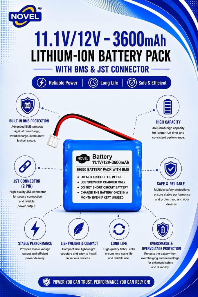 NOVEL 11.1V - 12V 18650 BMS LITHIUM ION BATTERY PACK WITH JST PIN- 3600mAh view 2