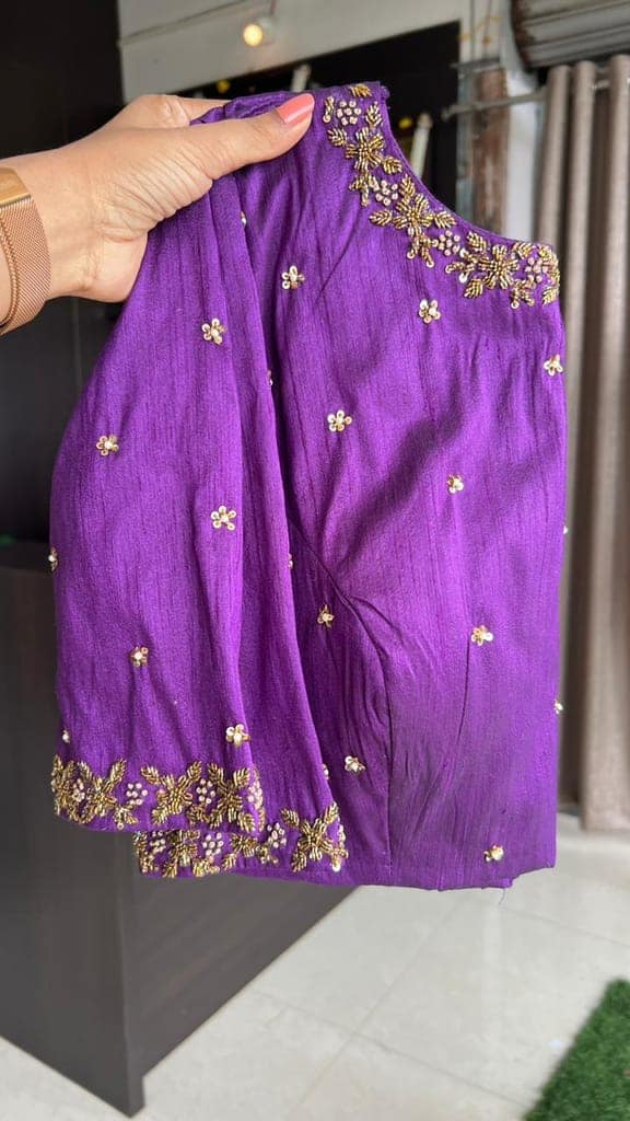 Purple georgette saree with purple handwork blouse view 2