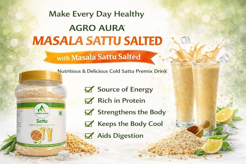 Agro Aura Sattu Masala Salted Powder, Ready to Drink Protein Mix with Roasted Chana, Ajwain and Ginger, Pack of 2 x 500g view 2