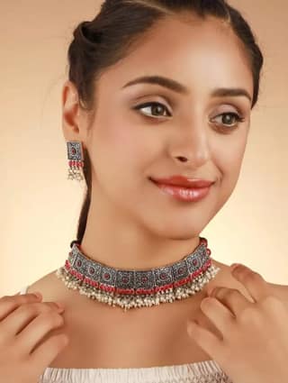 Pjvi Fashions Oxidised 11 Square Maroon choker Necklace set