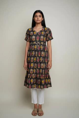 Pedana Kalamkari Screen-Print Cotton Tiered Dress in Coffee Yellow