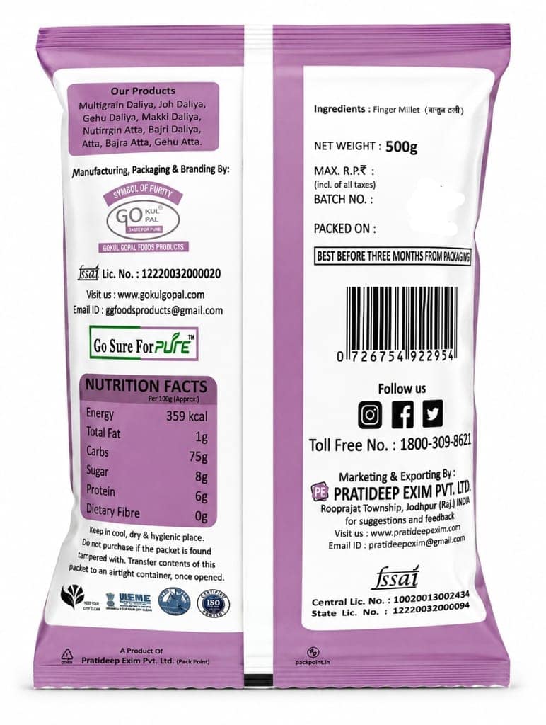 Gokul Gopal Ragi Aata (FINGER MILLET FLOUR) Boosts Immunity, Improves Bone Strength, Helps Weight Loss, Zero Preservatives 500gm view 2