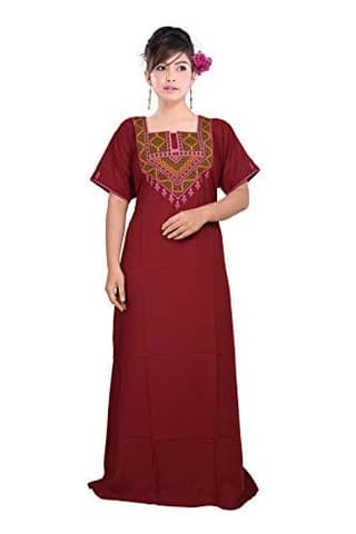 VALENCIA SLEEPWEAR lissybissy Cotton Resham Embroidery Nighty Night Gown Maxi for Women A line (Maroon)