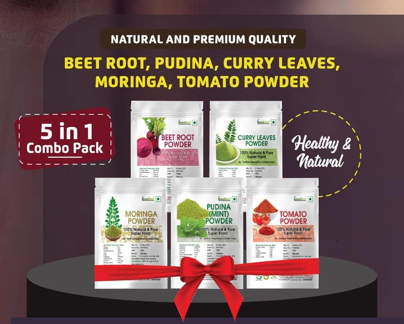 5 in 1 Combo Pack of Beetroot Powder, Pudina Powder, Curry Leaves Powder, Moringa Powder, Tomato Powder