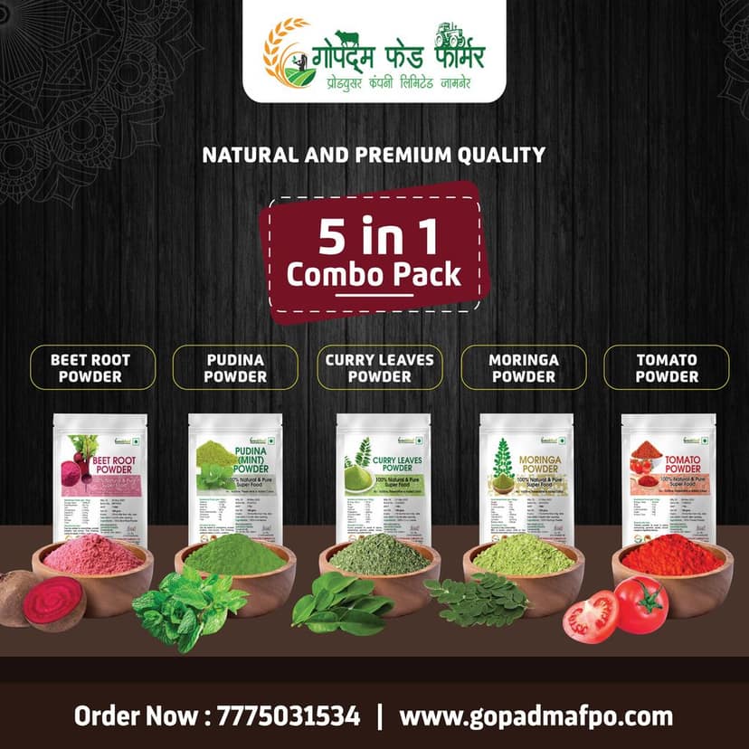 5 in 1 Combo Pack of Beetroot Powder, Pudina Powder, Curry Leaves Powder, Moringa Powder, Tomato Powder view 2