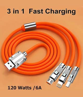 THRIFTKART - 3 in 1 Fast Charging Cable,Portable 120W Charger Cord/Wire Compatible with iOS,Type-C,Micro Phones,Car/Travel 6A Retractable Zinc Alloy Charging Data Cable,Light Emitting Diode (Multicolor)