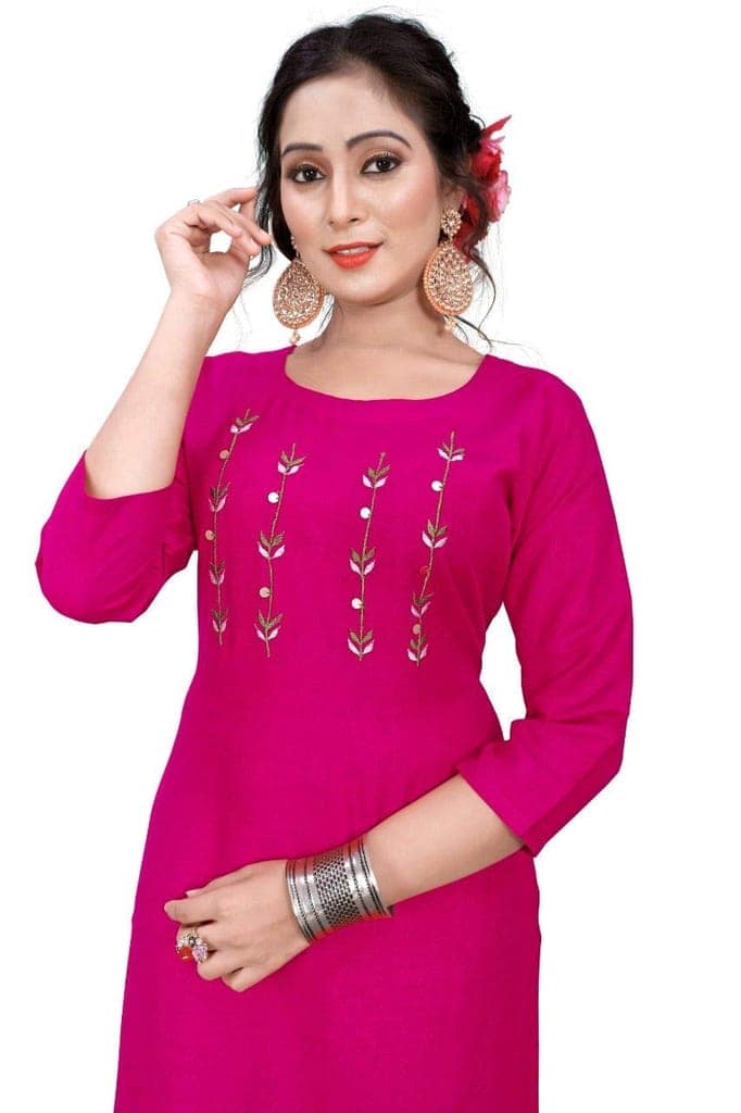STYLEOO Women's Rayon 3/4 Sleeves Embroidered Kurti (M, L, XL, 2XL Pink) view 2