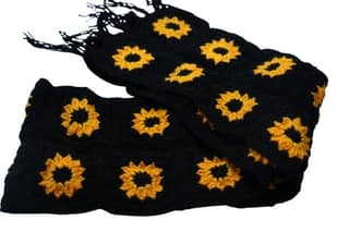 Handcrafted Black & Yellow Crocheted Wool Scarf with Sunflower Motifs