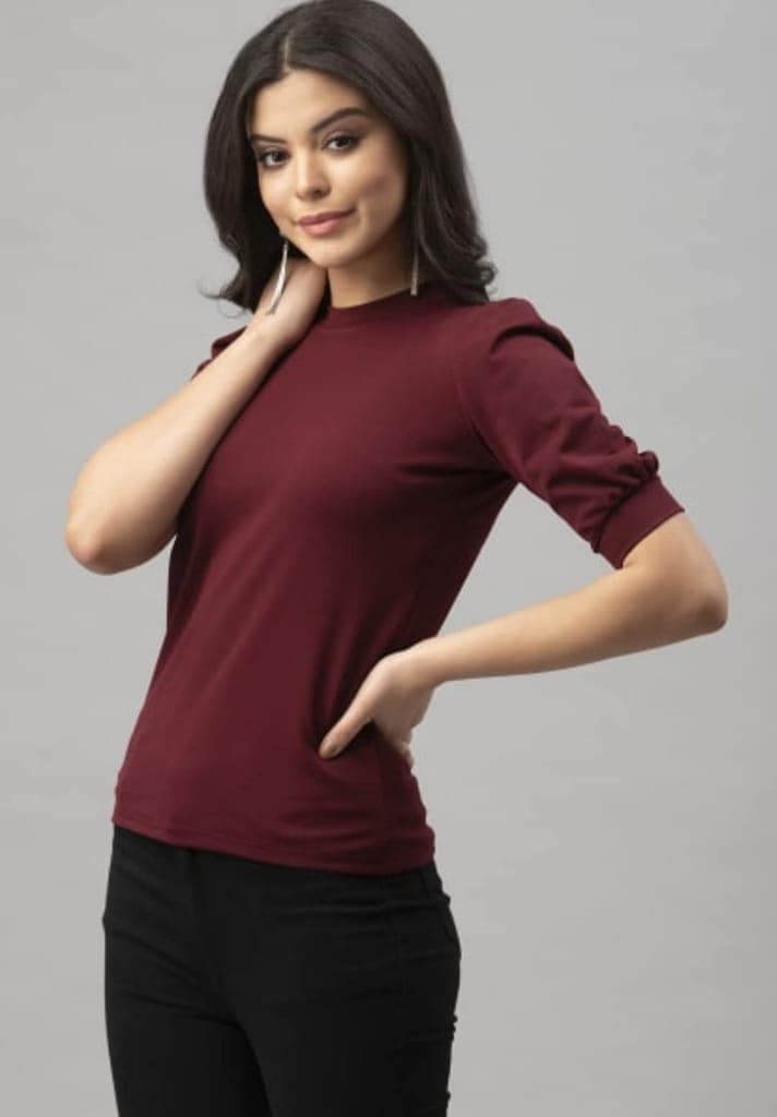 ATTIRIS Women's Lycra Solid Round Neck Blouson top, Maroon view 2