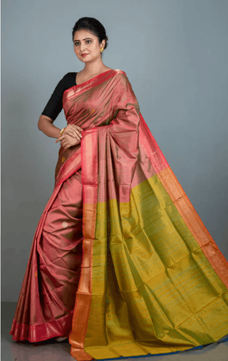 Red-green Pure Handloom Tussar Silk Saree With Blouse Piece