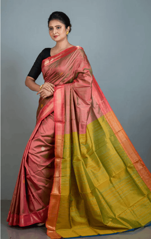 Red-green Pure Handloom Tussar Silk Saree With Blouse Piece