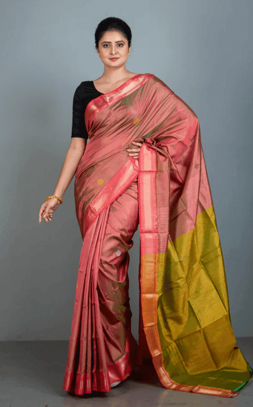 Red-green Pure Handloom Tussar Silk Saree With Blouse Piece view 2