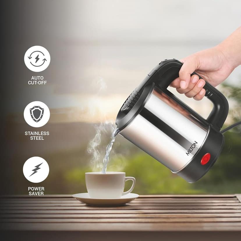 MILTON Stainless Steel Euroline Electric Travel Kettle With Handle, 1000 Watt, 500 Ml | 2 Utility Cups | Auto Shut-Off | Concealed Heating Element view 2