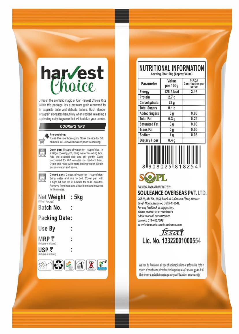Harvest Choice Rozana Basmati Rice – 5kg | Everyday Long-Grain Basmati | Aromatic & Fluffy | Non-Sticky & Hygienically Packed view 2