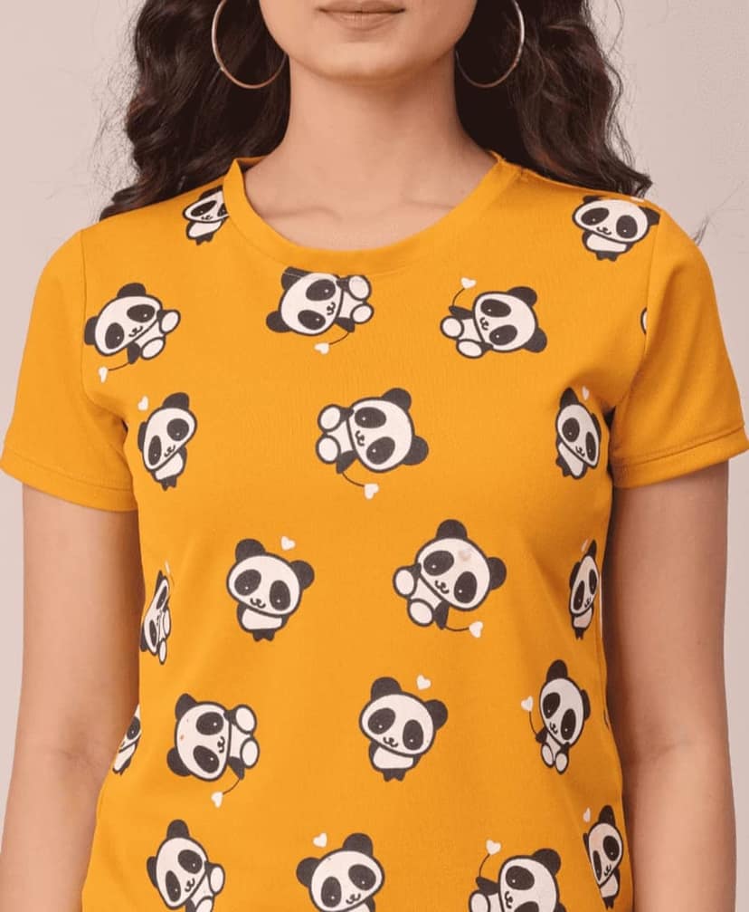 ATTIRIS Women's Polyester Printed Round Neck Short Sleeve Waist Length T-Shirt, Yellow view 2