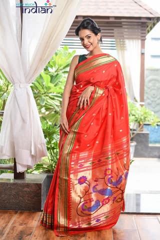 Pure Silk Yeola Handloom Deep Red Paithani Weave with Double Pallu