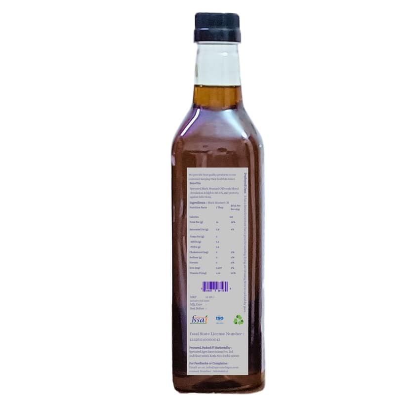 Sprouted Wood Cold Pressed Black Mustard (Kali Sarso ka tel) Oil | Glass Bottle | Kohlu/ Kacchi Ghani | 100% Pure | Gluten-Free | Chemical Free | Wood Cold Pressed/ Cold Pressed Black Mustard Oil for Cooking in 1 Litre view 2
