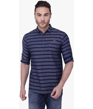 Kuons Avenue - Navy Linen Men's Shirt Style Kurta ( Pack of 1 )