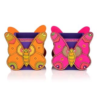 DECOREER Butterfly Wooden Pen Stand Set of 2