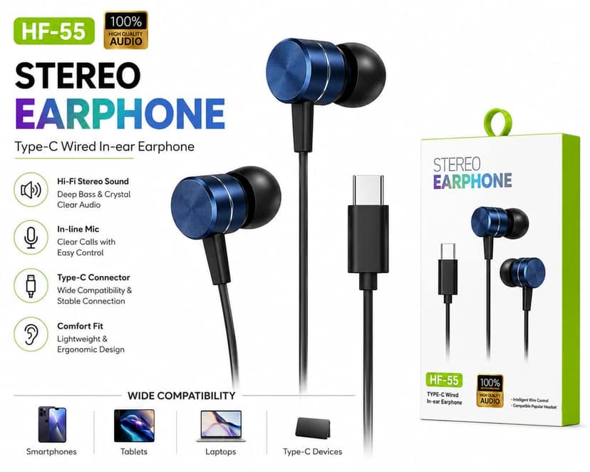 USB Type-C Wired Earphones | Hi-Res Stereo Sound | Deep Bass In-Ear Headphones for Android Smartphones, Tablets & Laptops (Multi Colour)